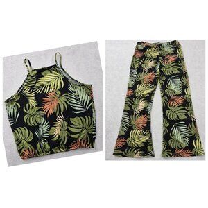 Lark + Grey Two Piece Set XL Tank Top Wide Leg Flare Pants Stretch Tropical Palm